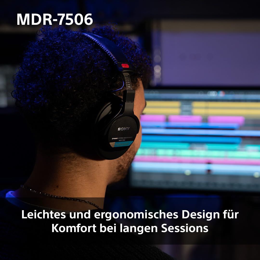 Sony MDR-7506 Studio-Monitor-Kopfhörer, geschlossen, kabelgebunden, 10 Hz-20 kHz, 63 Ohm, leichtes, faltbares Design (227 g), ideal für Studioaufnahmen und -abmischungen, inkl. Tasche, schwarz