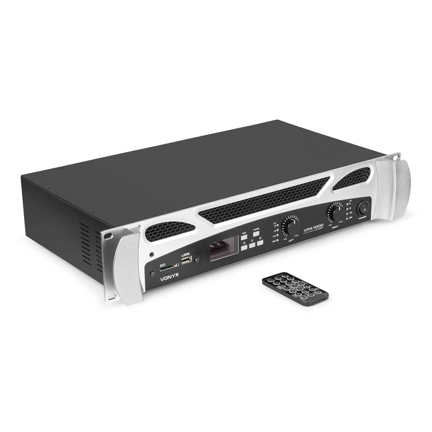 Vonyx VPA1000 PA Verstärker Endstufe 1000 Watt Leistungsverstärker 2x 500 W mit Bluetooth,MP3-Player, USB, SD, 19 Zoll Rack, 2U, RCA Cinch IN, NL2 Out, 6,3mm Klinke IN-OUT, VU-Meter - Schwarzweiß