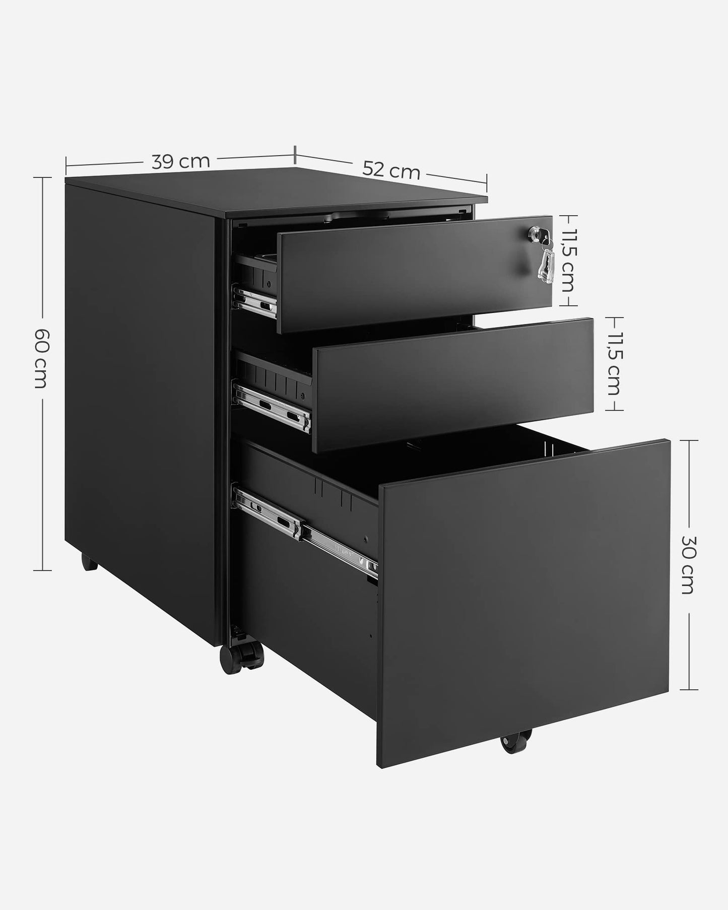 SONGMICS Rollcontainer, unter Schreibtisch, mit 3 Schublade, vormontiert, abschließbarer Büroschrank mit Hängeregistratur, für Akten, Dokumente, Schreibwaren, 52 x 39 x 60 cm, schwarz OFC60BK