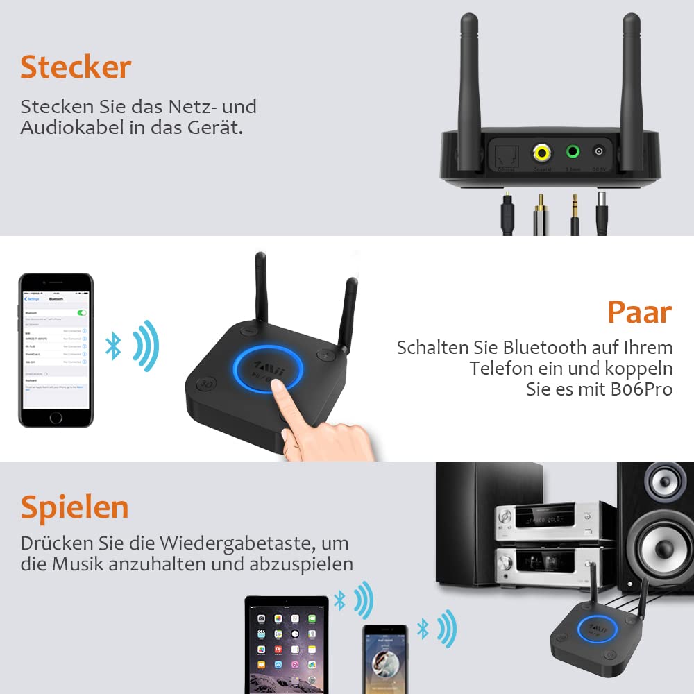 1Mii Großer Reichweite Empfänger, HiFi Kabelloser Audio Adapter, aptX Low Latency Bluetooth 5.1 Receiver mit 3D Surround für Stereoanlage Lautsprecher, Optisches Koaxial 3,5mm RCA AUX
