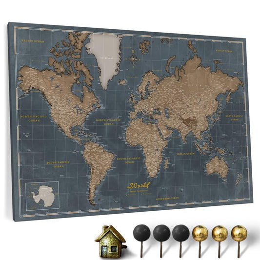 Hochwertige Canvas Weltkarte mit Kork-Pinnwand - Englische Beschriftung - Dekorative Wanddeko für alle Zimmer - Leinwandbilder mit Weltkarte Motiv (90x60 cm, Muster 5)