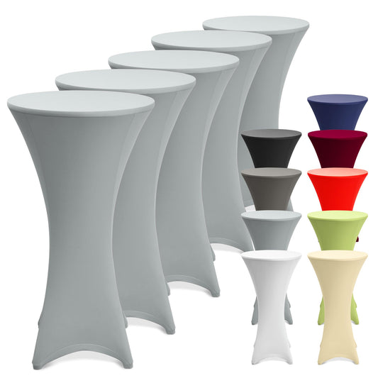 Beautissu 5er Set Stretch Stehtisch Hussen 80cm Silber – Waschbar Bügelfrei Stehtisch Hussen für Stehtische Stehtischhussen rutschfest Verstärkung Fußbereich Tischhusse Tischdecke Stehtisch – Stella