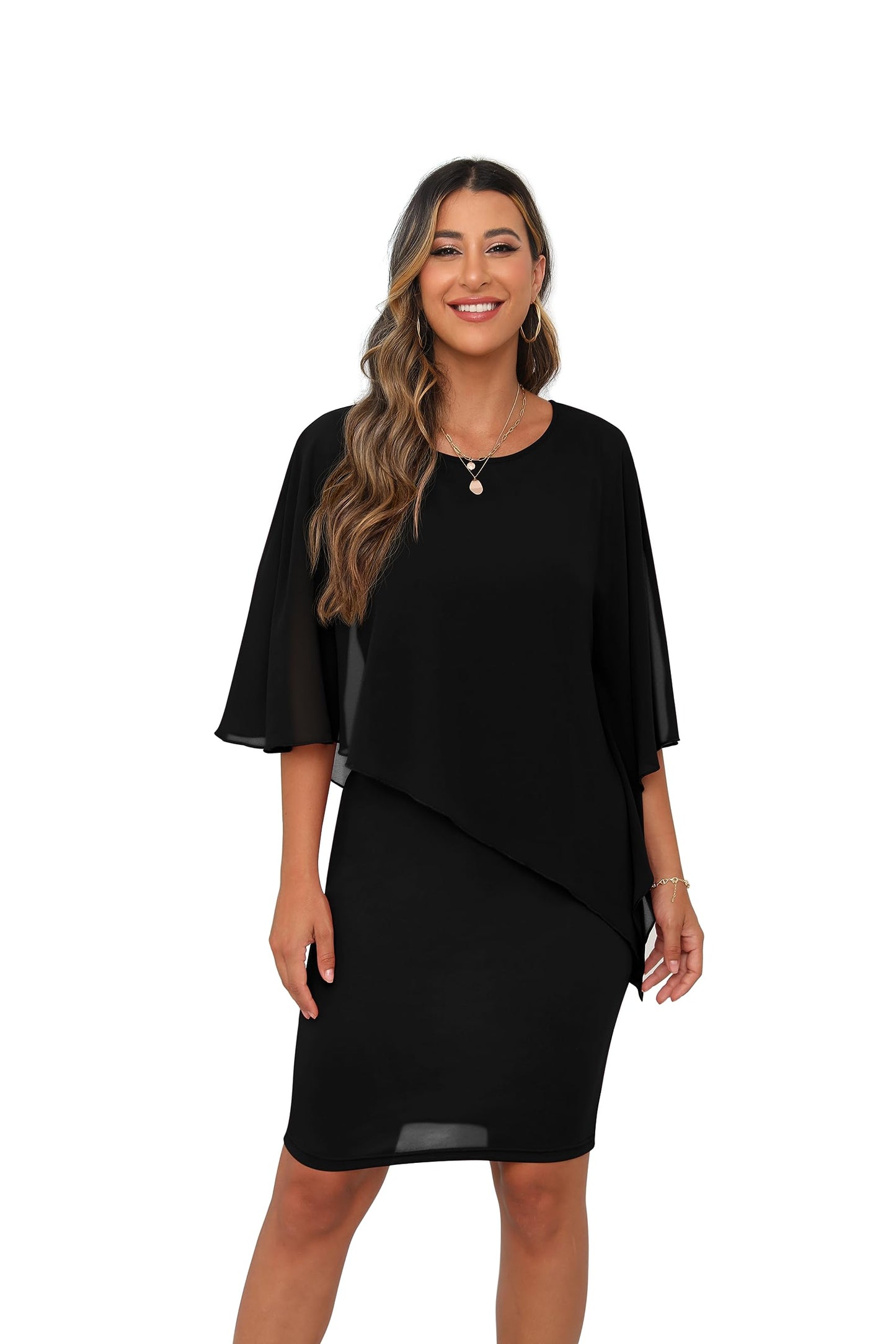 QIXING Damen Chiffon Cape Cocktialkleid Rundhals Ausschnitt Bleistiftkleid Sommerkleid Damen Knielang Elegant Abendkleid Mit Overlay Casual Bodycon Kleider (Schwarz, L)