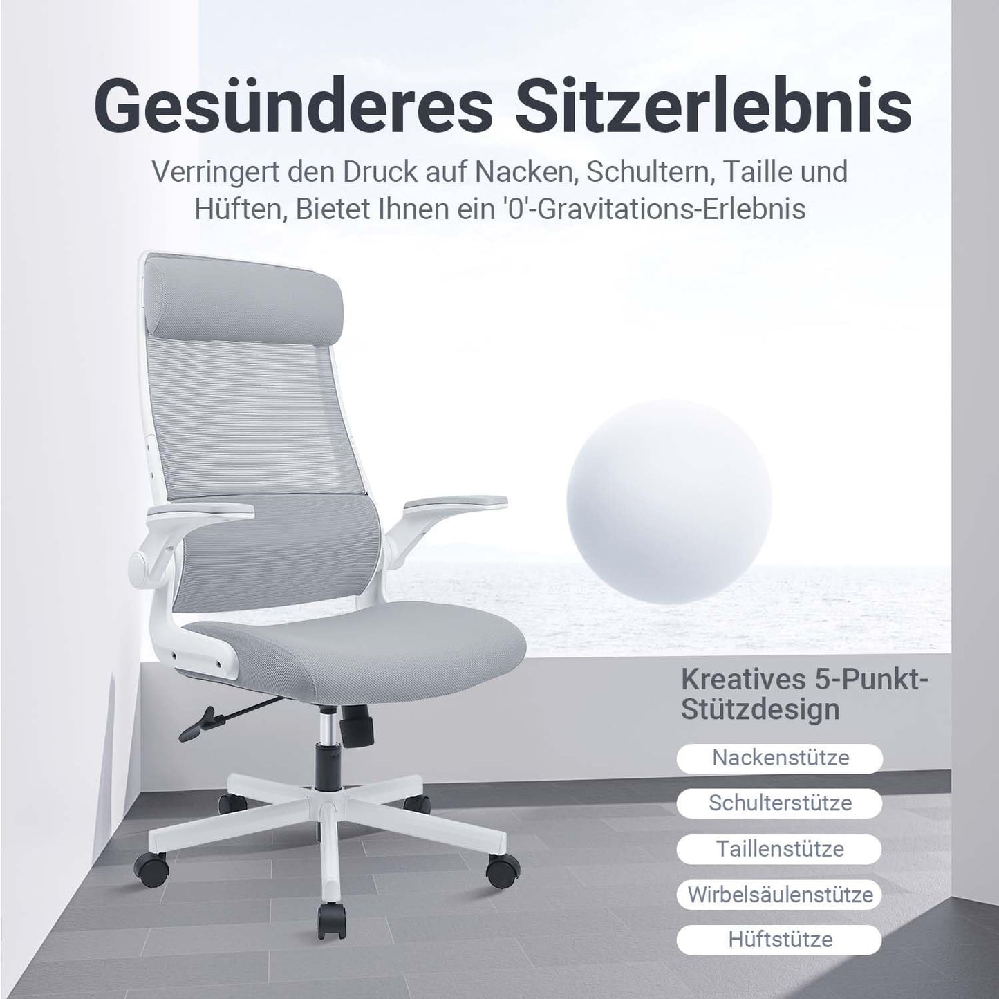 MELOKEA Bürostuhl Ergonomisch mit Verstellbare Kopfstütze, Schreibtischstuhl aus Mesh