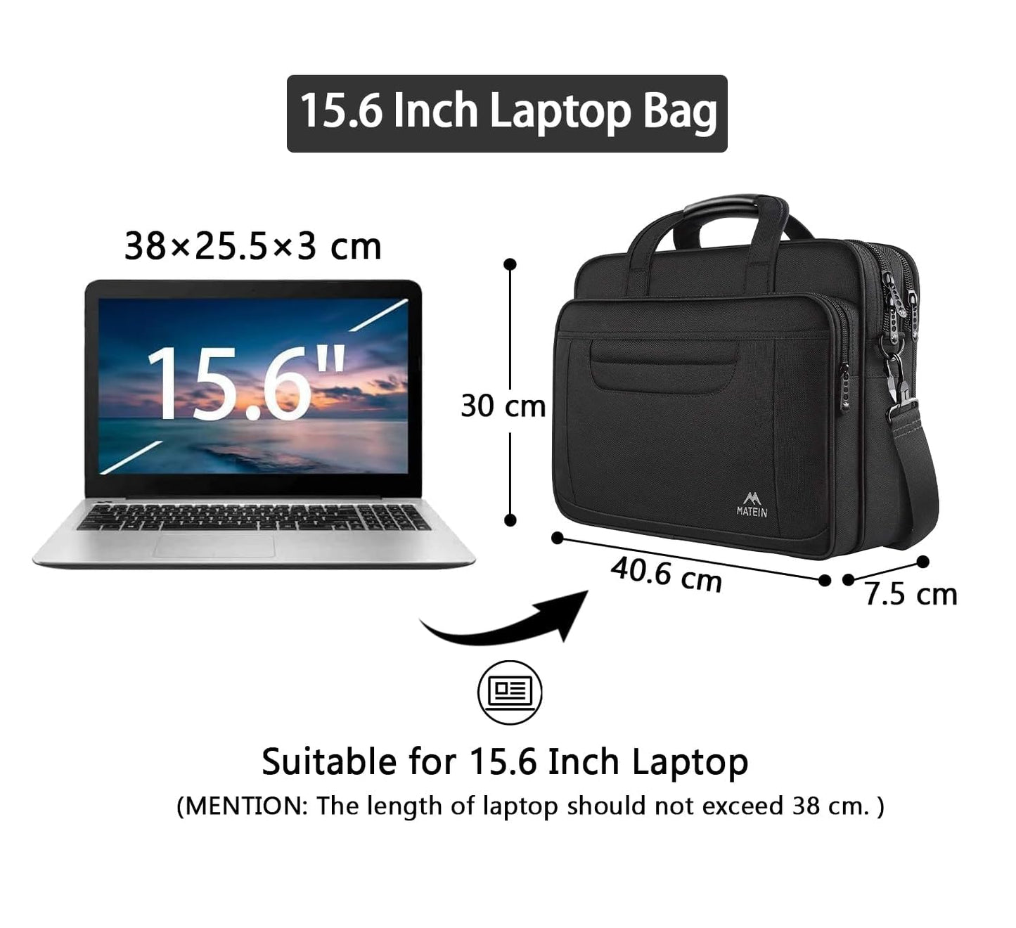 MATEIN Laptoptasche 15,6 Zoll, Laptop Aktentasche Herren Notebook, Computer Tasche Multifunktionale Business Schulter Tasche für Männer Frauen Umhänge, Schwarz