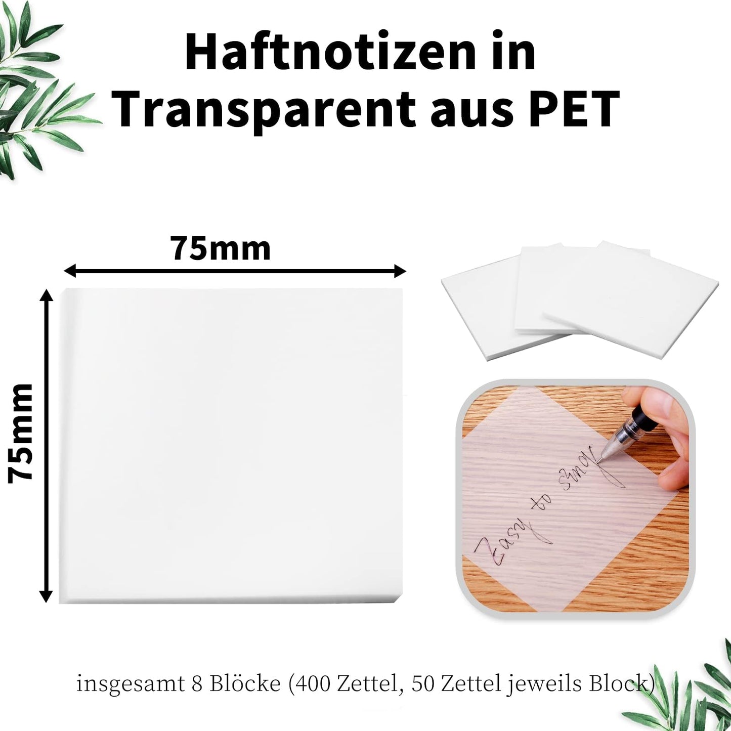 ZITFRI Haftnotizen Klebezettel transparent 400 Zettel 75x75mm, Haftnotiz Notizzettel durchsichtig Sticky Notes Haftnotizen Notes wasserfest Selbstklebend Klebezettel Papier für Schule Büro Zuhause