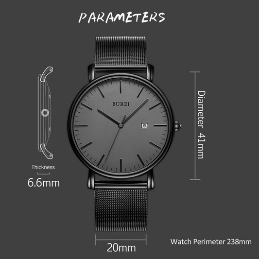BUREI Ultra Dünne Uhren Herren Schwarze Analoges Datum Armbanduhr Herren mit Japanisches Quarzwerk, Geschenke für Männer
