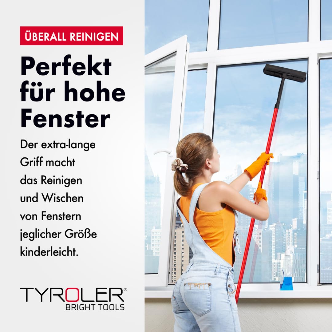 Tyroler 2-in-1 Fensterwischer mit Teleskopstiel | 30-205 cm Teleskopstange Fensterreinigung | 100% Naturkautschuk Teleskop Fensterwischer | 5-teiliger Griff Profi Fensterputzer Teleskop Set