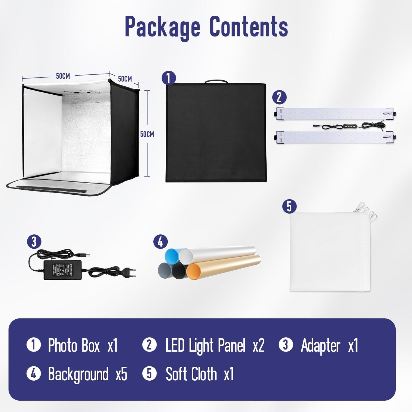 EMART Fotobox 50x50cm, Dimmbare Fotostudio Set mit 5 Produktfotokulissen und 3 Farben Licht, für Lebensmittel Schmuck Produktfotografie