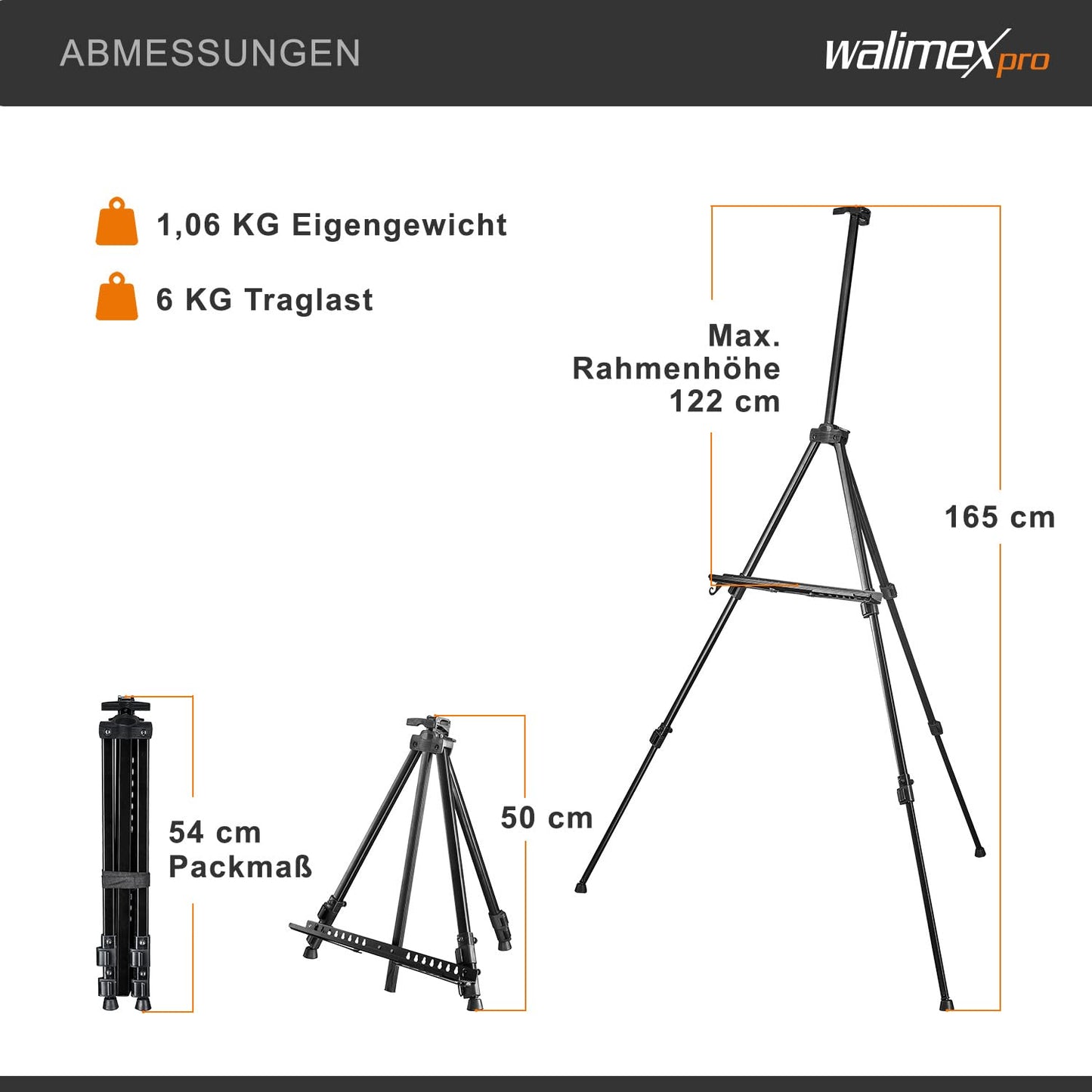 Walimex pro Staffelei L 50-165cm, Aluminium I ideal als Atelierstaffelei, Tischstaffelei & Feldstaffelei I für Leinwände bis HxT: 122x4cm, bis 6kg I Ablage & Halterung für Farben & Pinsel, mit Tasche