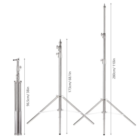 Andoer Edelstahl Lichtstativ 280cm - Hochleistungs-Fotoleuchtenstativ für Studio Softbox, Monolight, Videoleuchte und Blitzlich - Mit 1/4 Zoll und 3/8 Zoll Schraube - Silberfarben