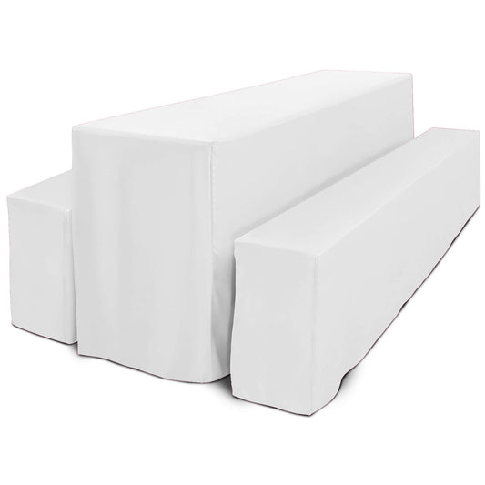 Beautissu Basic L 3 TLG. Bierbank Hussen & Biertisch Husse Set Bodenlang – Edles Hussen Komplettset 70 cm breite Festzeltgarnitur mit Oeko-TEX Siegel in Weiß