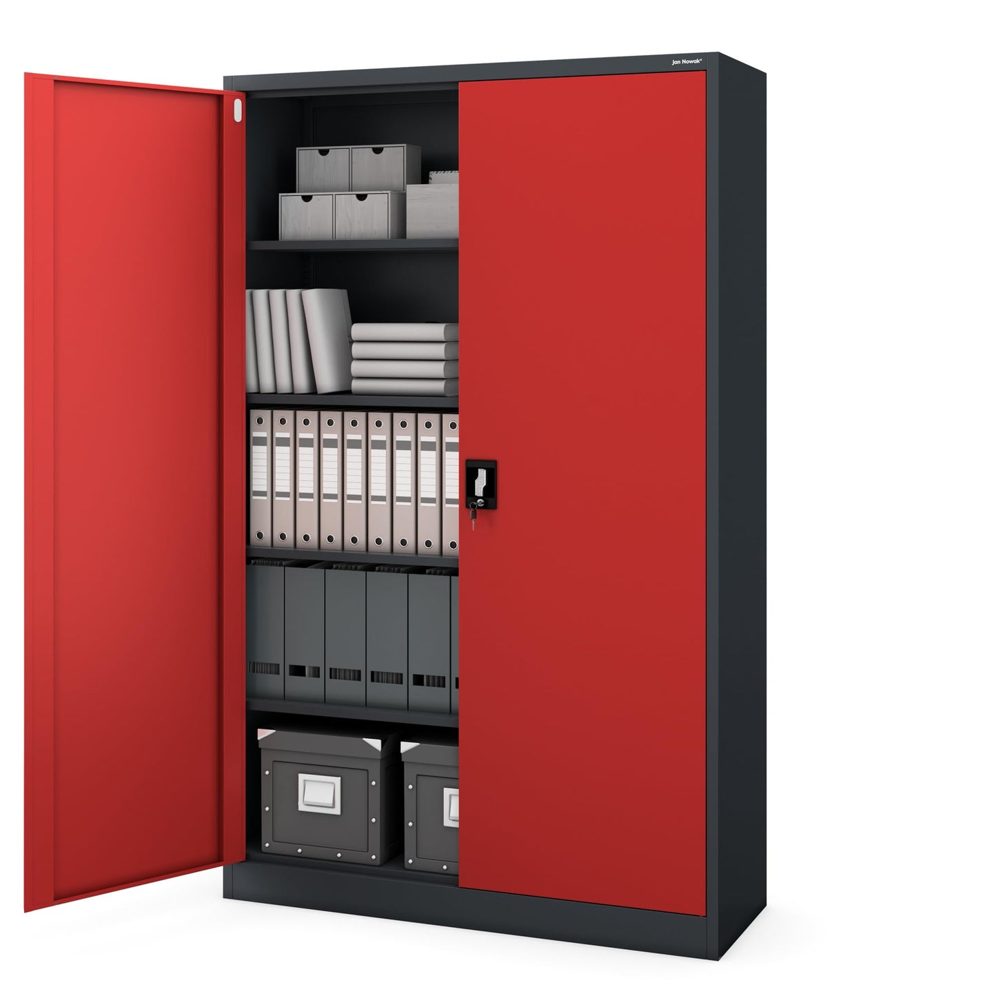 Jan Nowak Metallschrank Jan II 185 x 115 x 40 cm - Aktenschrank abschließbar mit 2 Türen, Mehrzweckschrank mit 5 Ebenen, Büroschrank aus Stahlschrank mit Pulverbeschichtung - Anthrazit-Rot