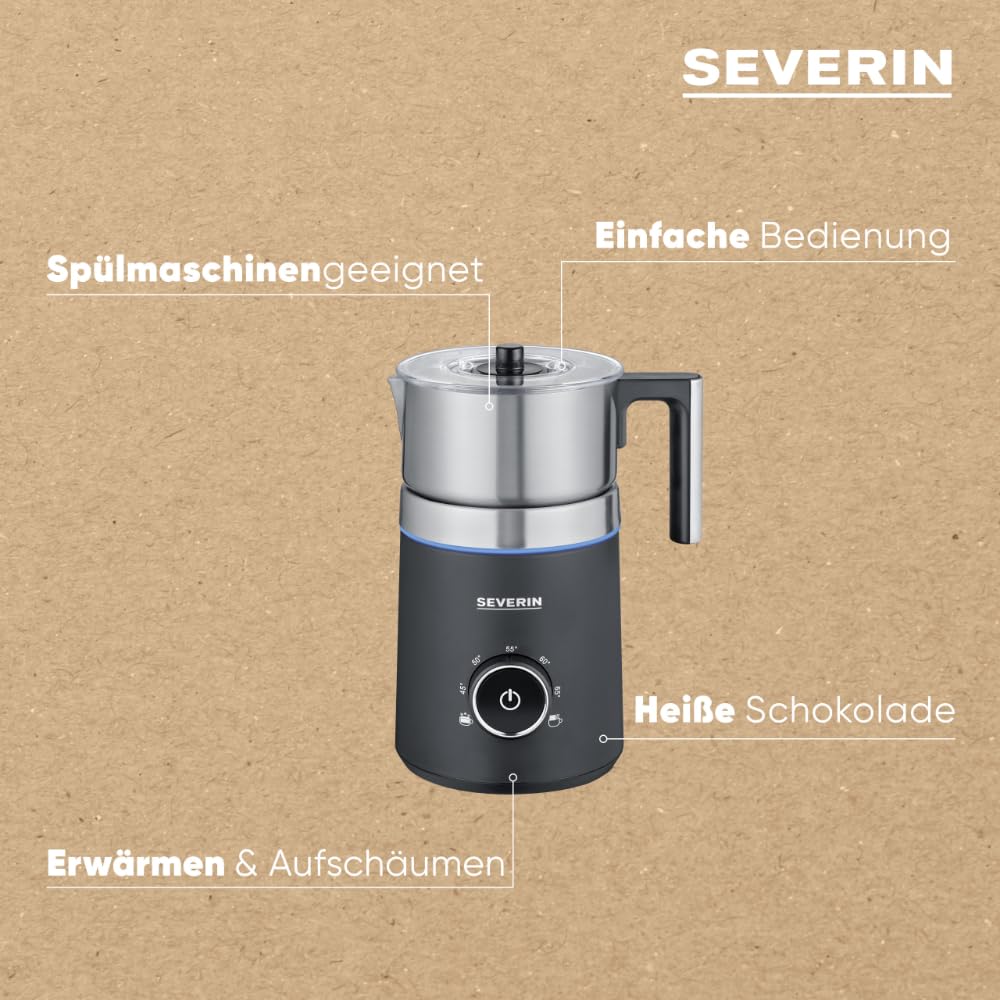 SEVERIN SPUMA 700 Induktions-Milchaufschäumer, elektrischer Milchaufschäumer ohne Anbrennen, spülmaschinengeeigneter Milchschäumer, Edelstahl-gebürstet/schwarz-matt, SM 3586