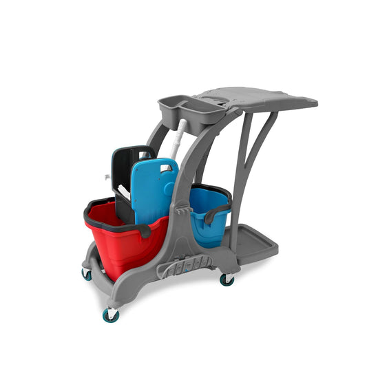Hypafol Putzwagen Reinigungswagen | 2x25l Eimer | Doppelfahrwagen inkl. Moppresse, Utensilbehälter & Abfall-Eimer | für Gebäudereinigung, Hotelservice, Gastronomie, Großküche, Büroreinigung oder Arzt