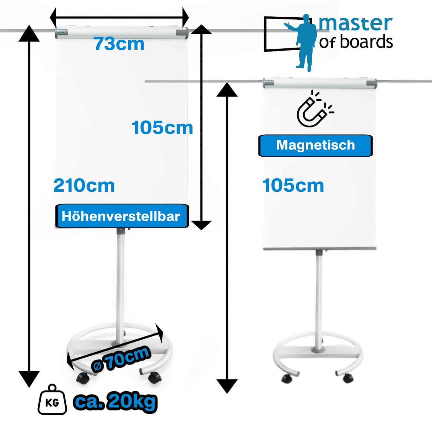 MOB Flipchart Ständer Whiteboard fahrbar mit Rollen Ständer 73x104cm | Höhenverstellbar bis 210cm, Beschreibbar, Trocken abwischbar, magnetisch, Flip Chart mit Magnettafel rollbar & Seitenarmen Shark