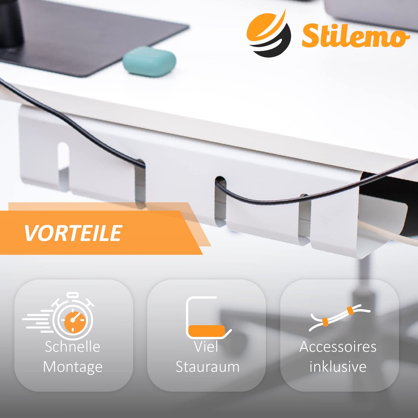 Stilemo® Kabelkanal Schreibtisch - Kabelmanagement Schreibtisch Organizer Kabeldurchführung - Cable Management Kabelhalter Kabelwanne Tisch - 43x12x10CM - Kabelkorb Weiß