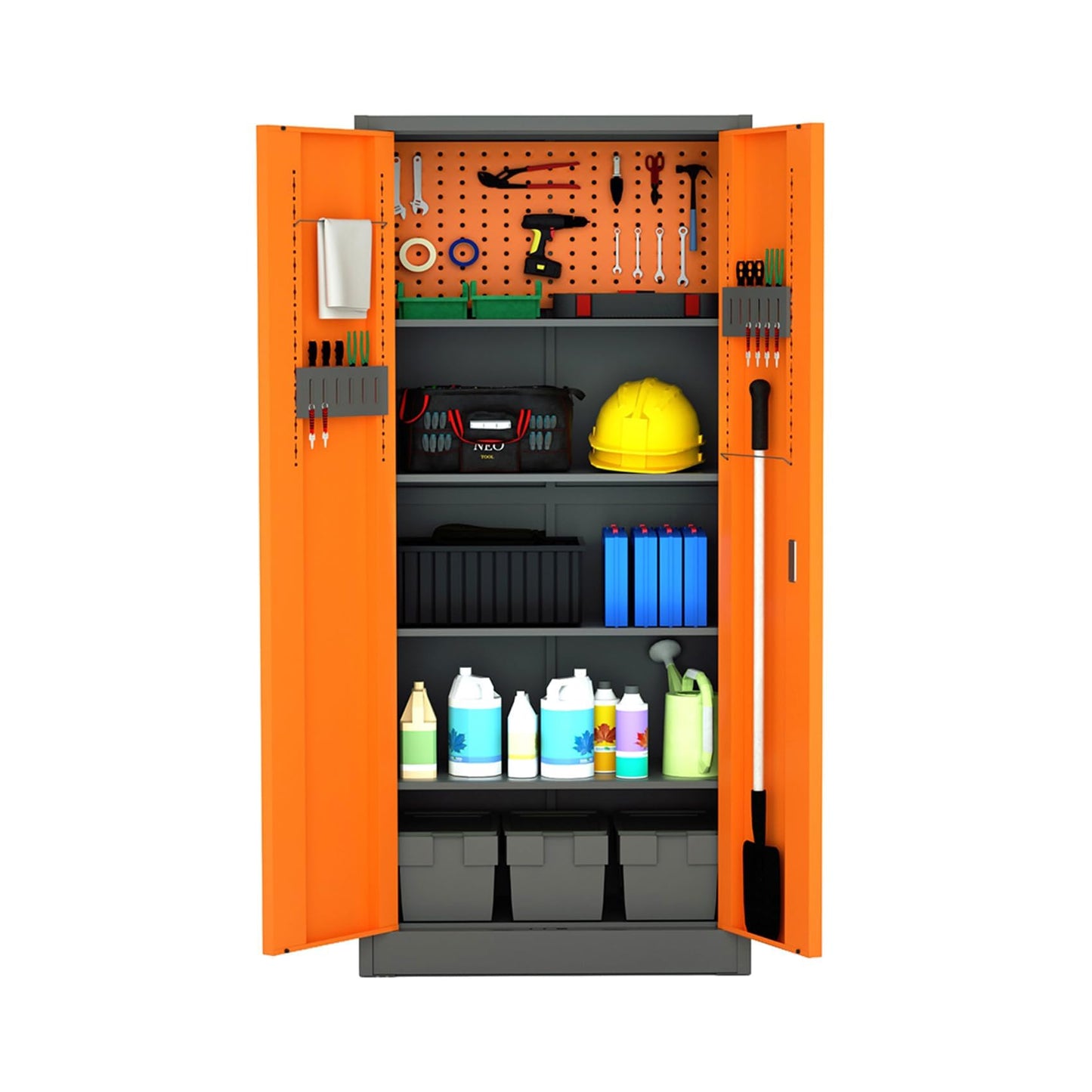 VCGGAIP Werkzeugschrank mit 2 Türen und 4 verstellbaren Regalen Aufbewahrungsschränke Garagenschränke abschließbar Metallschrank für Büro, Zuhause, Garage (Dunkelgrau und Orange)