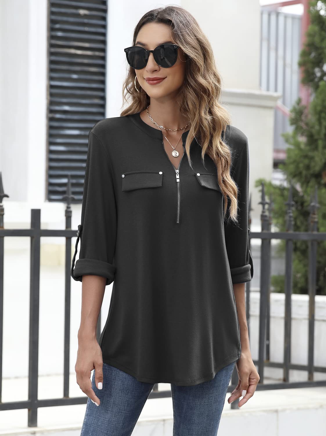 Siddhe Bluse Schwarz Damen Einfarbig V-Ausschnitt Bluse Tunika Damen Langarm Reißverschluss T-Shirt Oberteile Elegant 3/4 Ärmel Blusen Casual Longshirt, Schwarz M