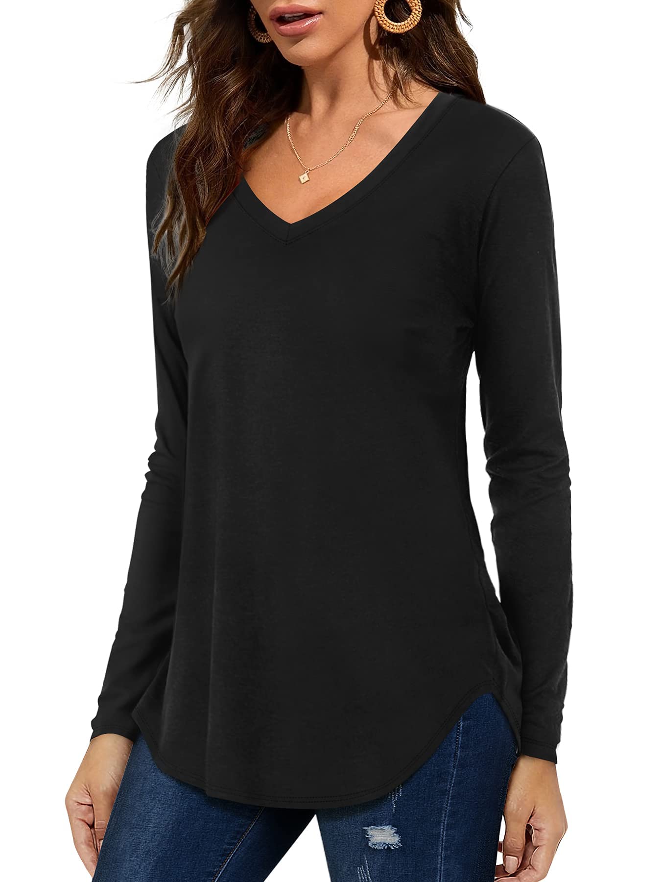Florboom Longshirt Damen Langarm Shirts V Ausschnitt Oberteil Basic Elegantes Tshirt Schwarz M