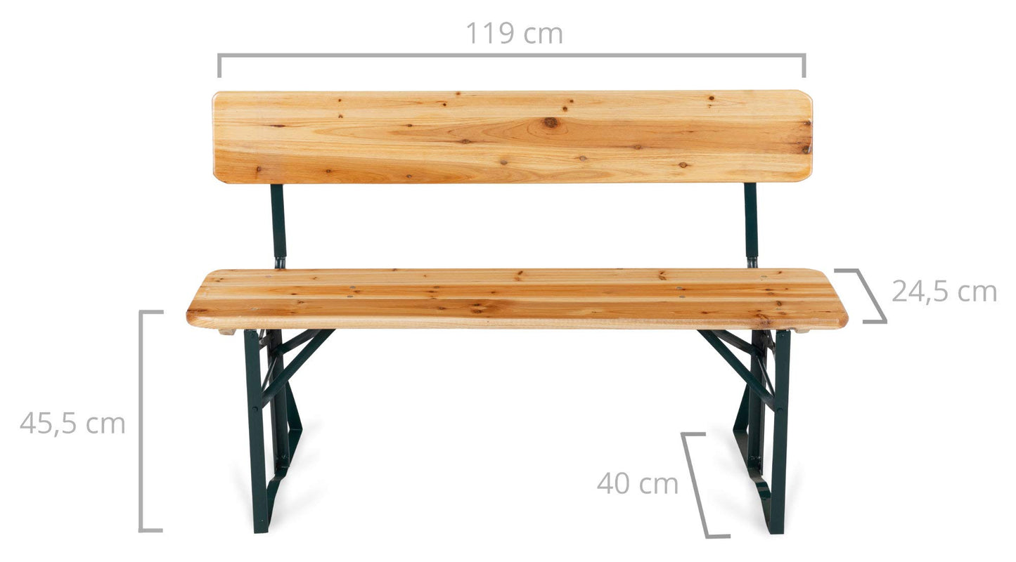 Stagecaptain BBDL-119 NT Hirschgarten Bierzeltgarnitur mit Lehne für Balkon - 119 cm Länge - Klappbare Festzeltgarnitur 1x Tisch, 2X Bank - Holz Sitzgarnitur - Innen & Außenbereich - Natur