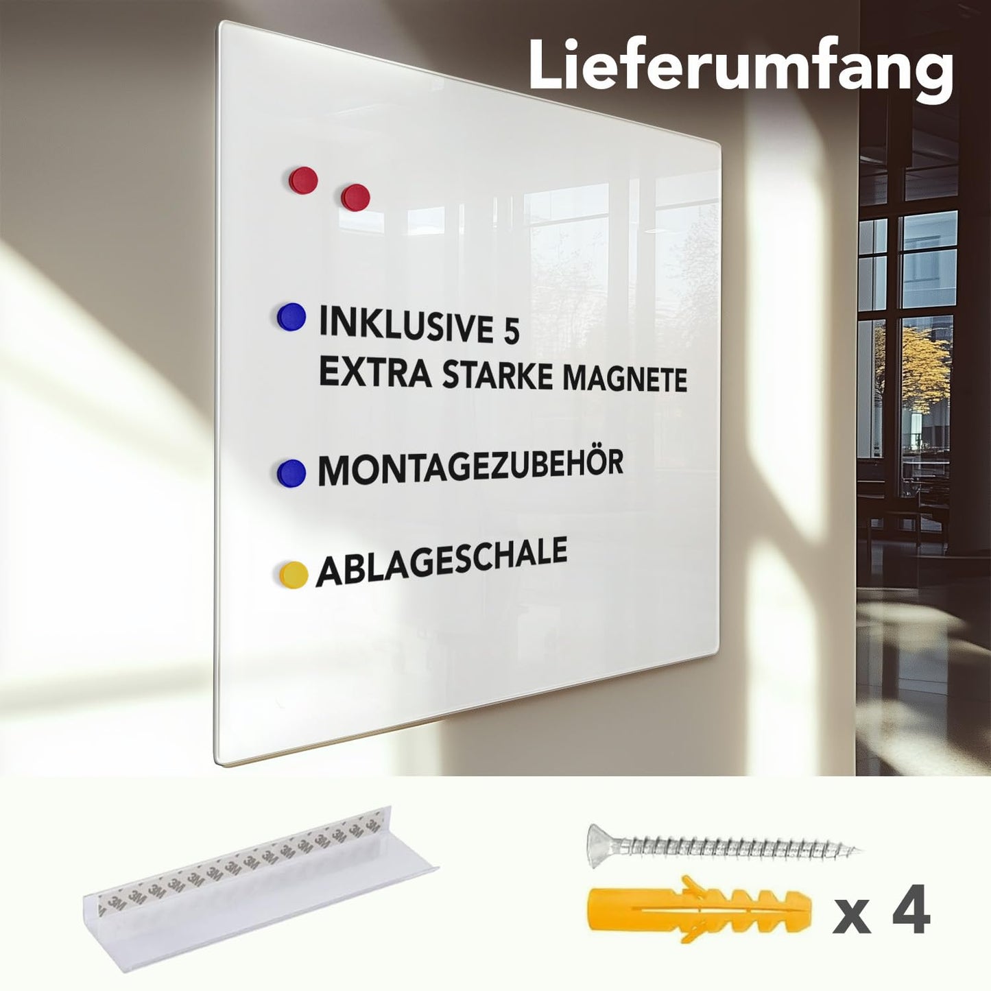 Premium Magnettafel aus Glas, Whiteboard rahmenlos, Pinnwand magnetisch, Glastafel inkl. 5 Magnete, Magnetwand beschreibbar, Wandtafel, Memoboard (65 x 100 cm)