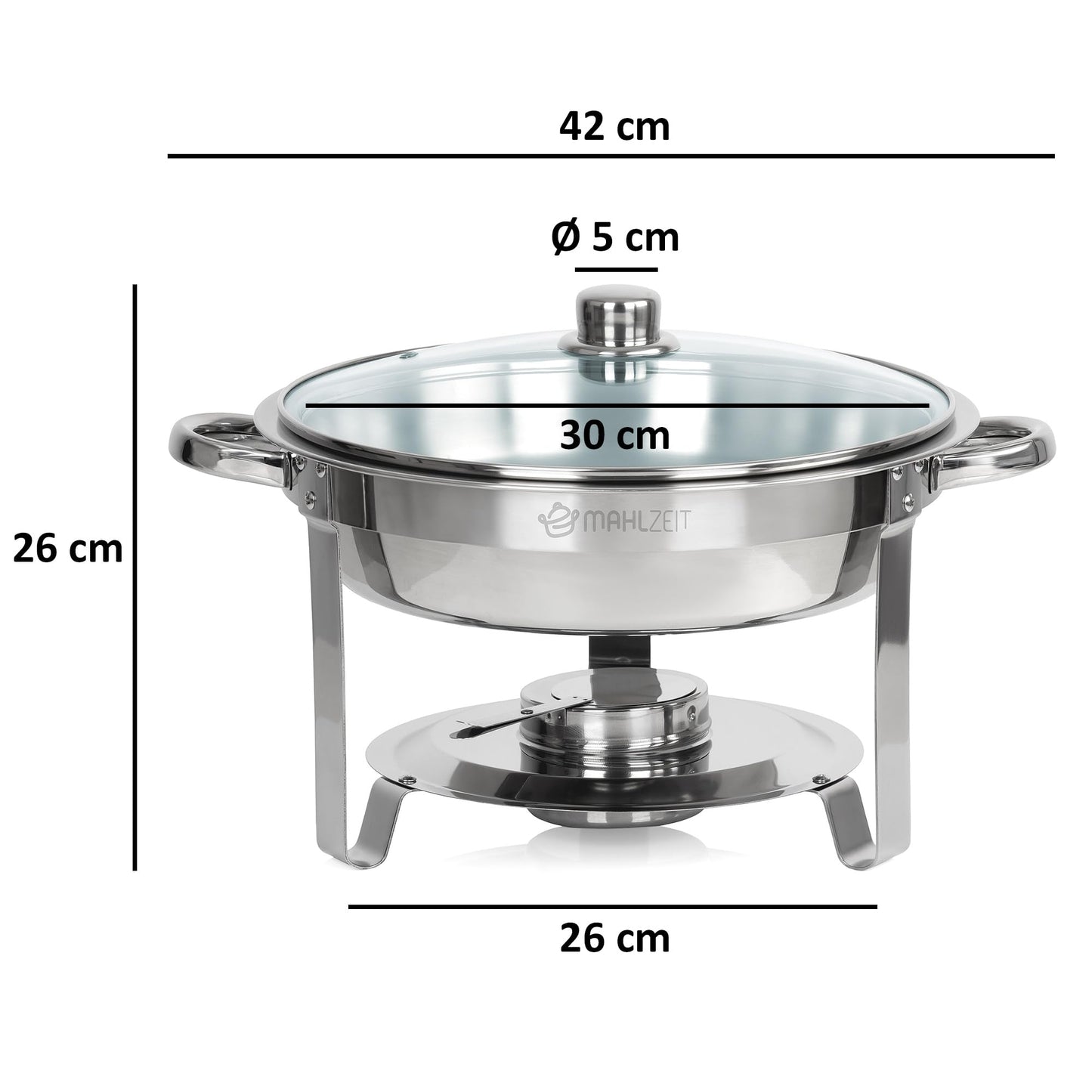 Mahlzeit Edelstahl Chafing Dish rund 4 Liter | Speisenwärmer, Wärmebehälter, Bain Marie Rechaud | Warmhaltebehälter, Chafing Dishes für Buffet Catering Gastro und Party, GN Behälter