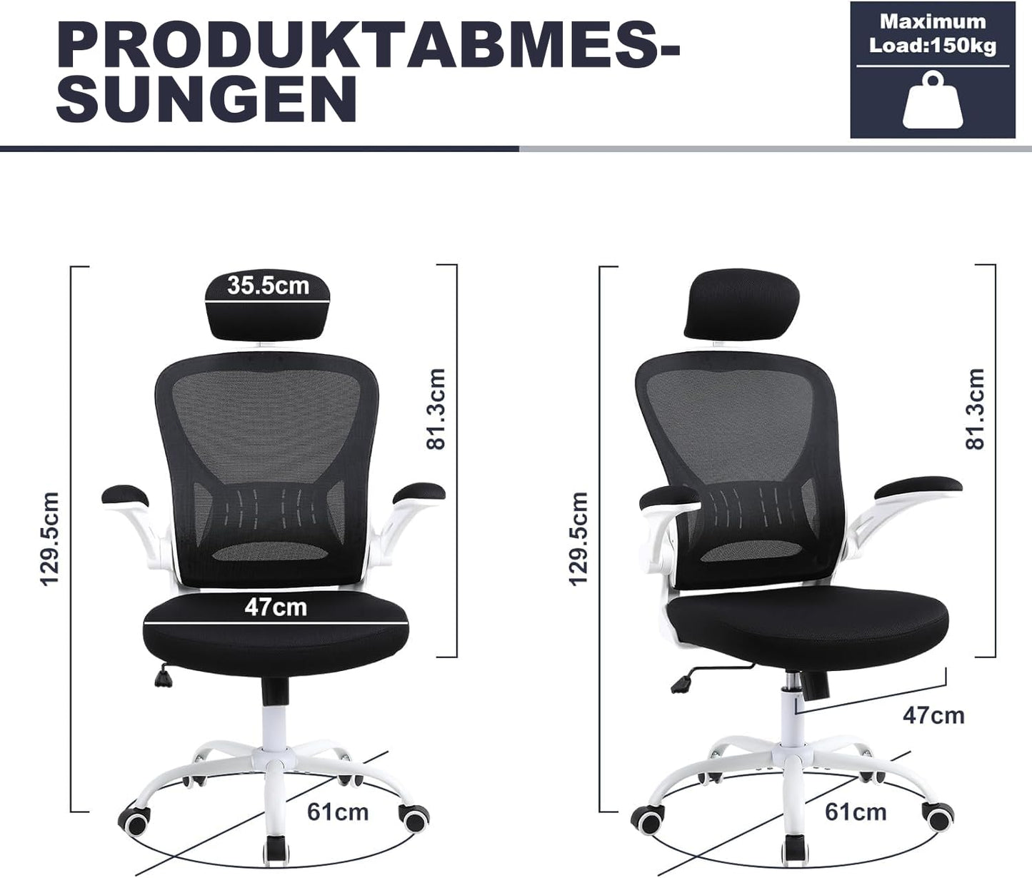 ralex-chair Bürostuhl, Ergonomischer Schreibtischstuhl, Bequem, Höhenverstellbar mit Rollen, Lordosenstütze, Netz, drehbar, für Computer, Heimbüro, Arbeitszimmer, Schwarz und Weiß