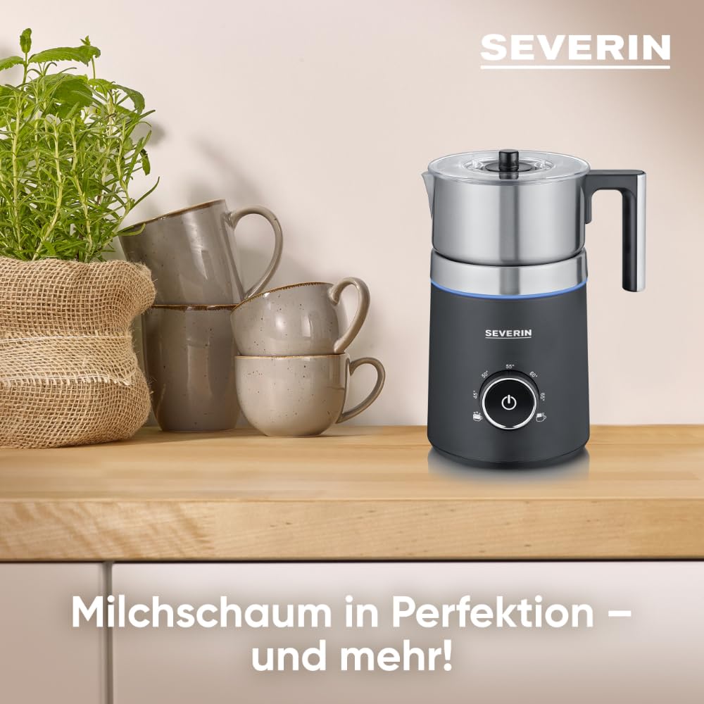 SEVERIN SPUMA 700 Induktions-Milchaufschäumer, elektrischer Milchaufschäumer ohne Anbrennen, spülmaschinengeeigneter Milchschäumer, Edelstahl-gebürstet/schwarz-matt, SM 3586