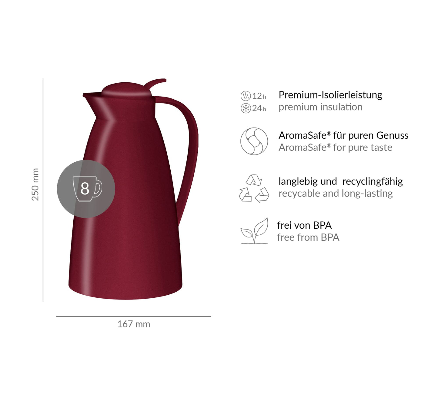 alfi ECO 1,0l, ruby red, Isolierkanne mit hygienischem Hartglaseinsatz aus Kunststoff, Drehverschluss mit bequemer Drucktaste, Ausgießen mit einer Hand, ideal als Kaffeekanne, Teekanne, BPA-frei