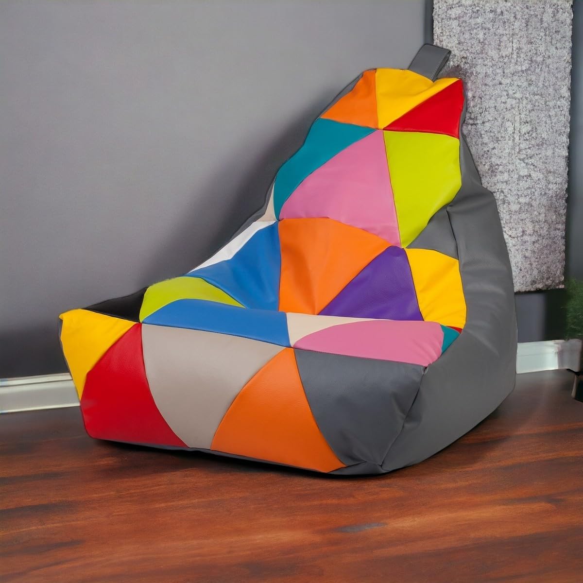 Ecopuf - Sessel Wohnzimmer - Patchwork Sacksessel Kunstleder Keiko Größe S/M - Entspannungssessel zum Sitzen - Sack Pouf mit Griff - Wohnungseinrichtung - Grau E15
