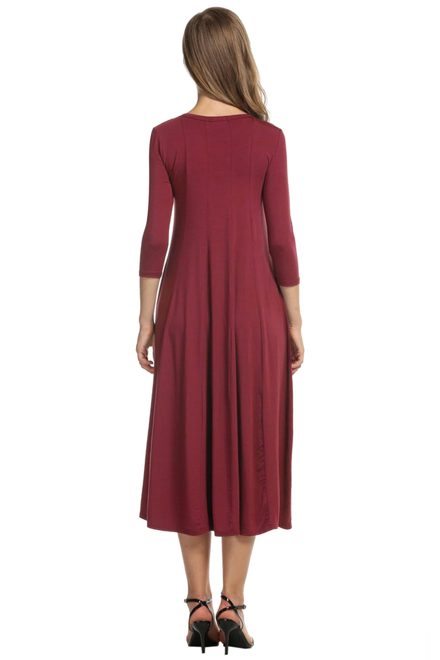 Hotouch Damen Kleid Rundhals Freizeitkleider Vintage Tunika Kleid 3/4 Ärmel A-Linie Kleider Elegant Wickelkleid Weinrot L