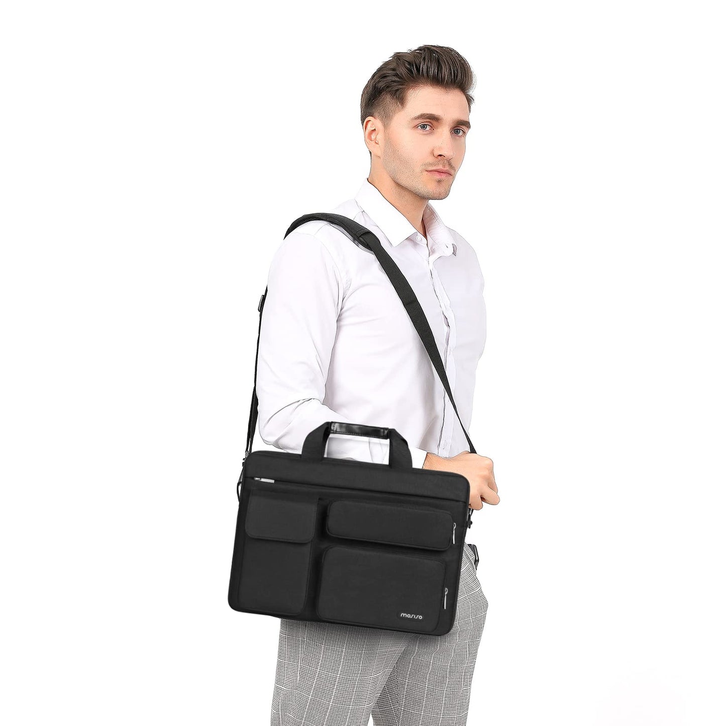 MOSISO Laptop Umhängetasche Kompatibel mit MacBook Air 15 Zoll M3 M2 2024 2023/Pro 16 M4 M3 M2 M1 2024-2019, 15-15,6 Zoll Notebook mit 2 Erhöhten&1 Klappe&1 Horizontal Fach&Griff&Gürtel,Schwarz