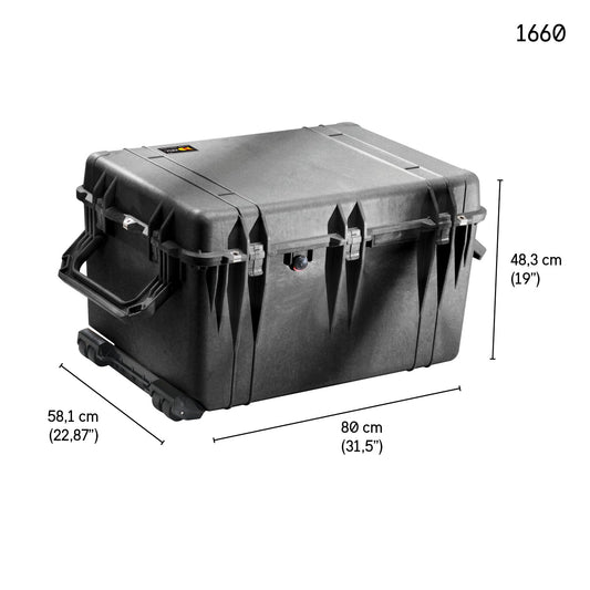 PELI 1660 Stoßfestes Case für Fragiles Equipment mit Rollen und Teleskopgriff, IP67 Wasser- und Staubdicht, 160L Volumen, Mit Schaumstoffeinlage (Anpassbar), Schwarz