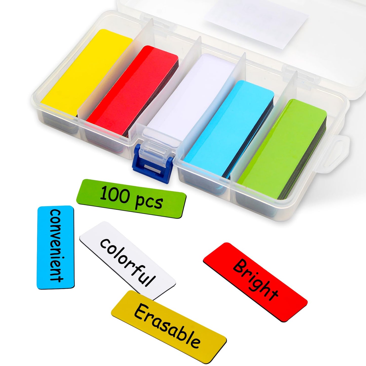 100 Stück Magnetetiketten beschreibbar, 75x25mm Magnetstreifen beschreibbar bunt, Abwischbare Magnetschilder, Magnet Etiketten für Whiteboards, Kühlschränke, Magnettafeln