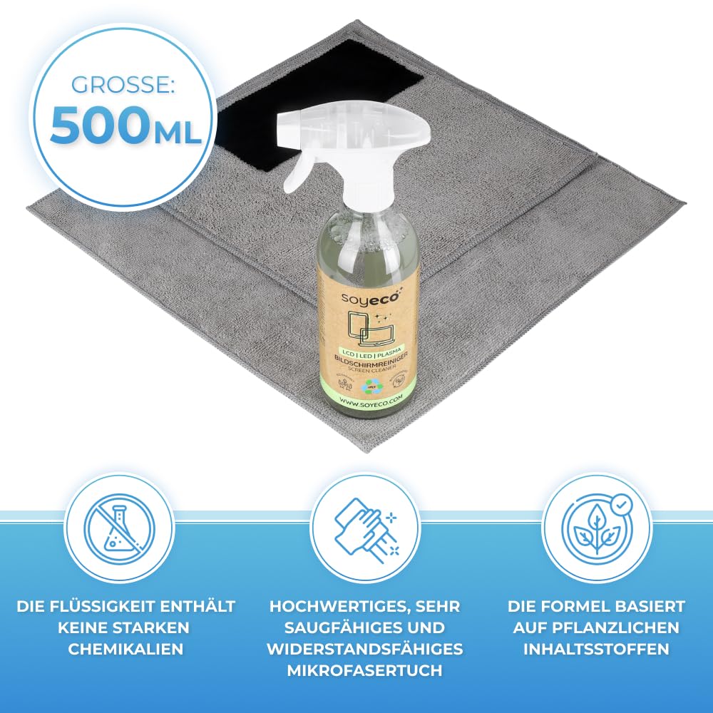 500ml Bildschirmreinigungsspray + 3X Mikrofasertuch: 40x40cm, 30x30cm, | Reinigungsflüssigkeit | Für Smartphone, Laptop, Tablet, TV, LCD/TFT, LED, OLED, Monitore, Uhren | Kein Verschmieren