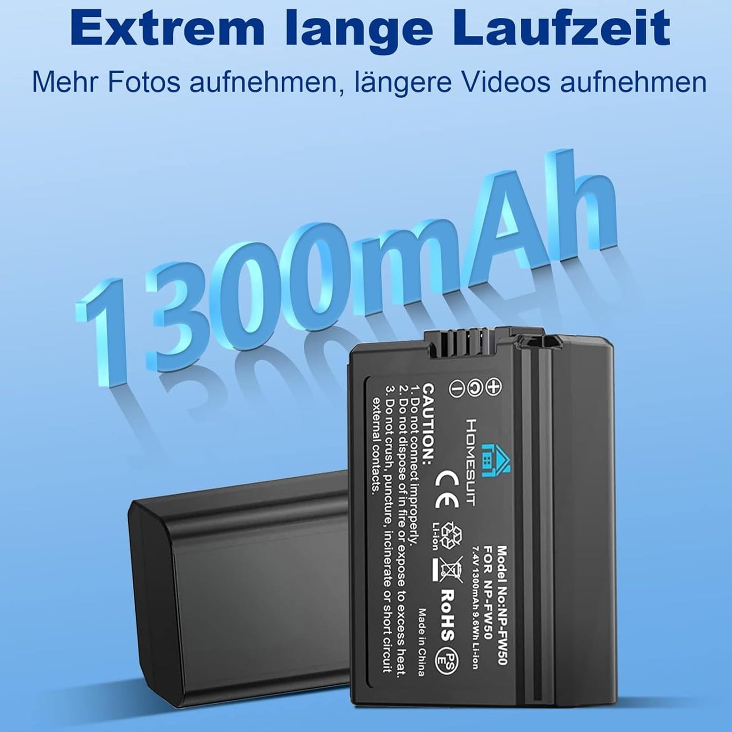 Homesuit NP-FW50 Akku 1300mAh und DREI Schlitze LCD Ladegerät Kit für Sony ZV-E10, Alpha A6000, A6500, A6300, A6400, A7II, A7RII, A7SII, A7S2, A7R, A7R2, A55, A5100, RX10 Kamera (3 Pack)