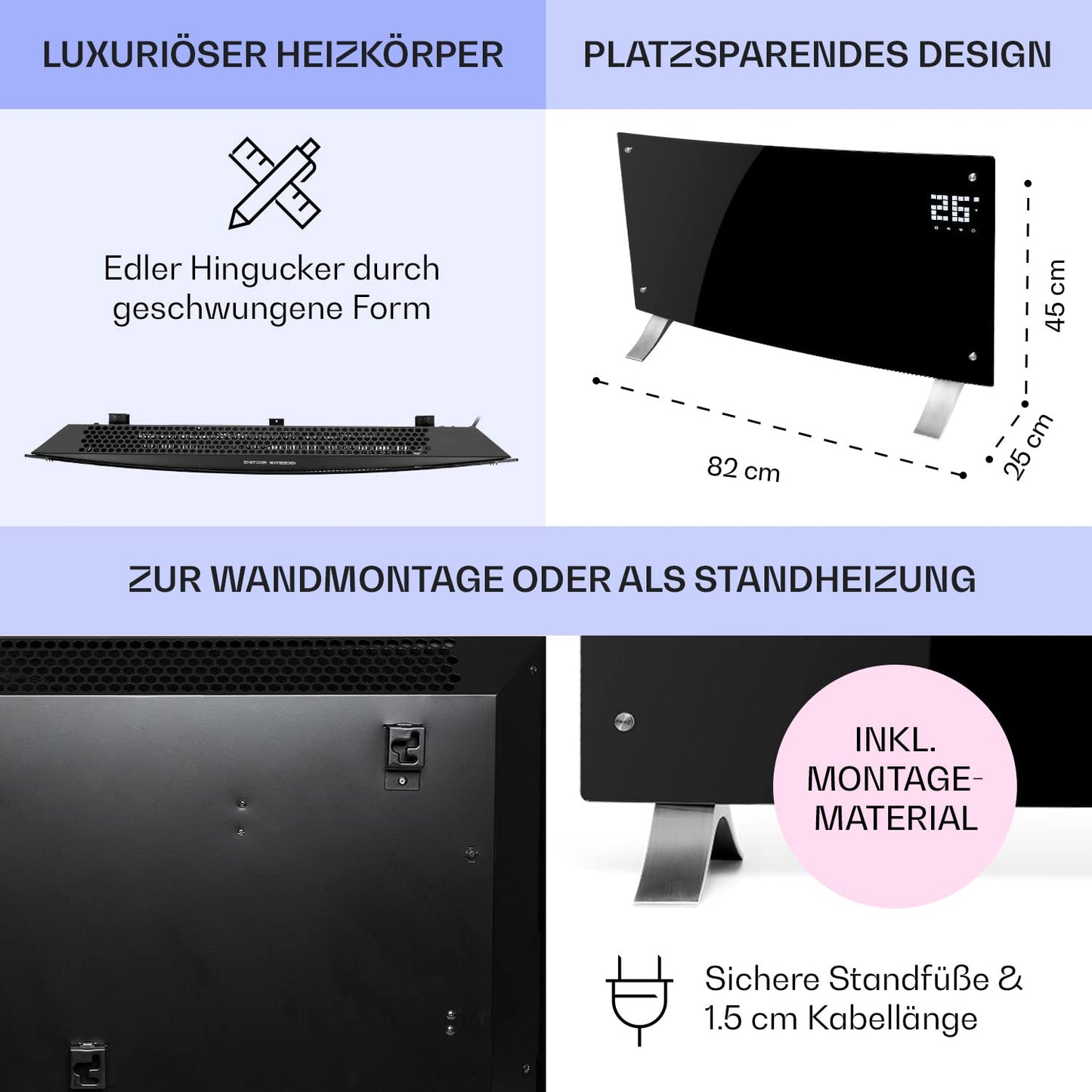 Klarstein Elektroheizung, Konvektor-Heizung Freistehend oder Wandmontage, Mobile Energiesparend, Leise , Standgerät Heizkörper Elektrisch mit Thermostat, 2000 Watt