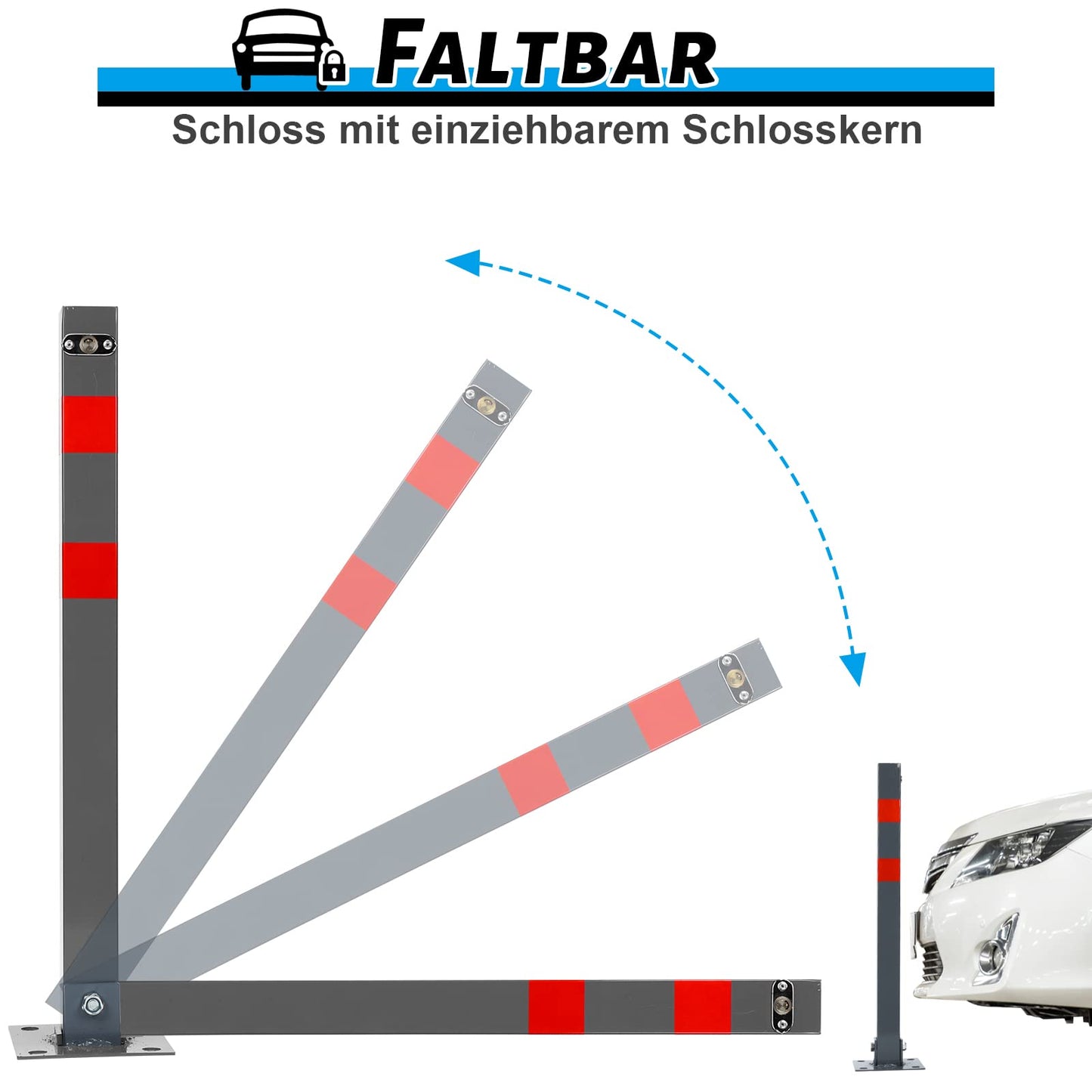 Ikodm 1 Stück Parkplatzsperre Klappbar Parkpfosten Absperrpfosten mit 3 Schlüssel mit Warnstreifen