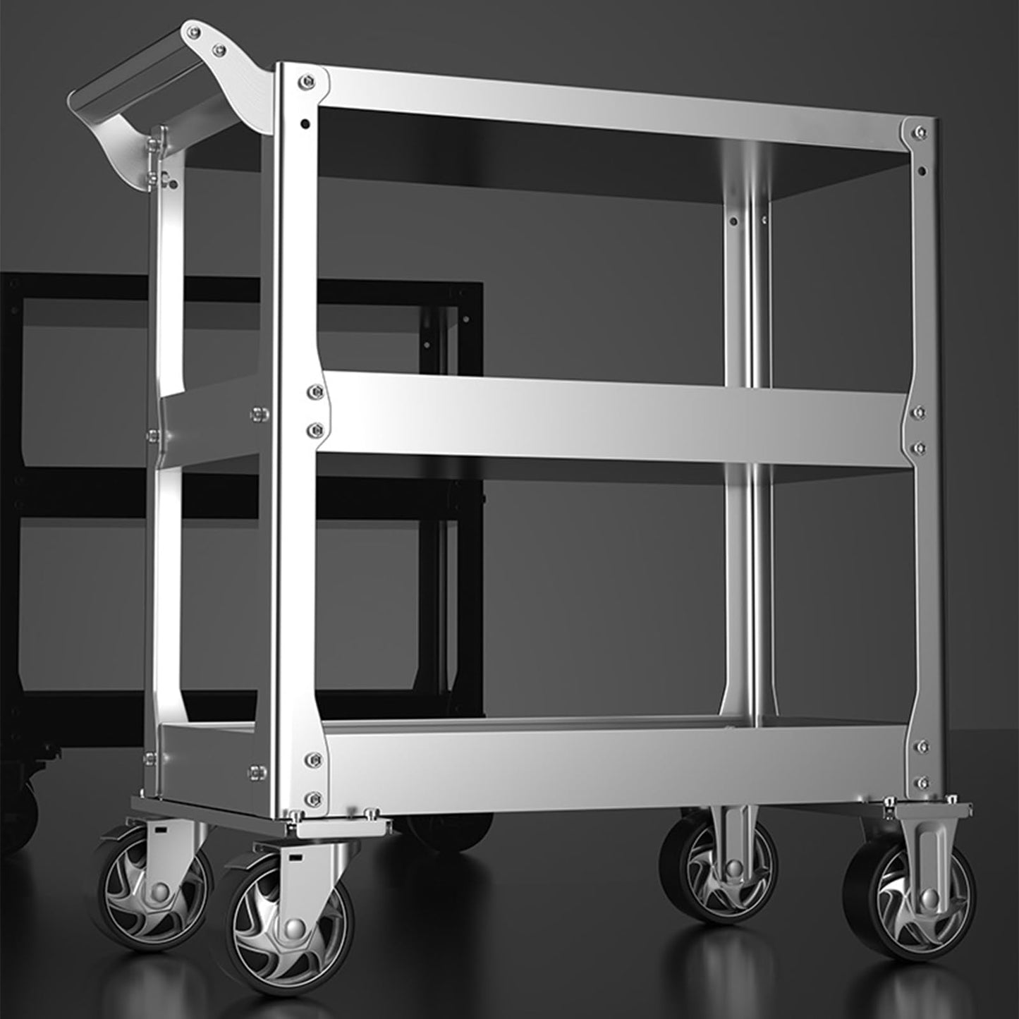 Edelstahl Rollwagen Werkstatt, 3-Etagen Rollbar Montagewagen mit 500kg Tragkraft, Multifunktionaler Materialwagen mit Rollen, Kommissionierwagen, Vielzweckwagen für Garage, Werkstatt, 78 x 46 x 92cm