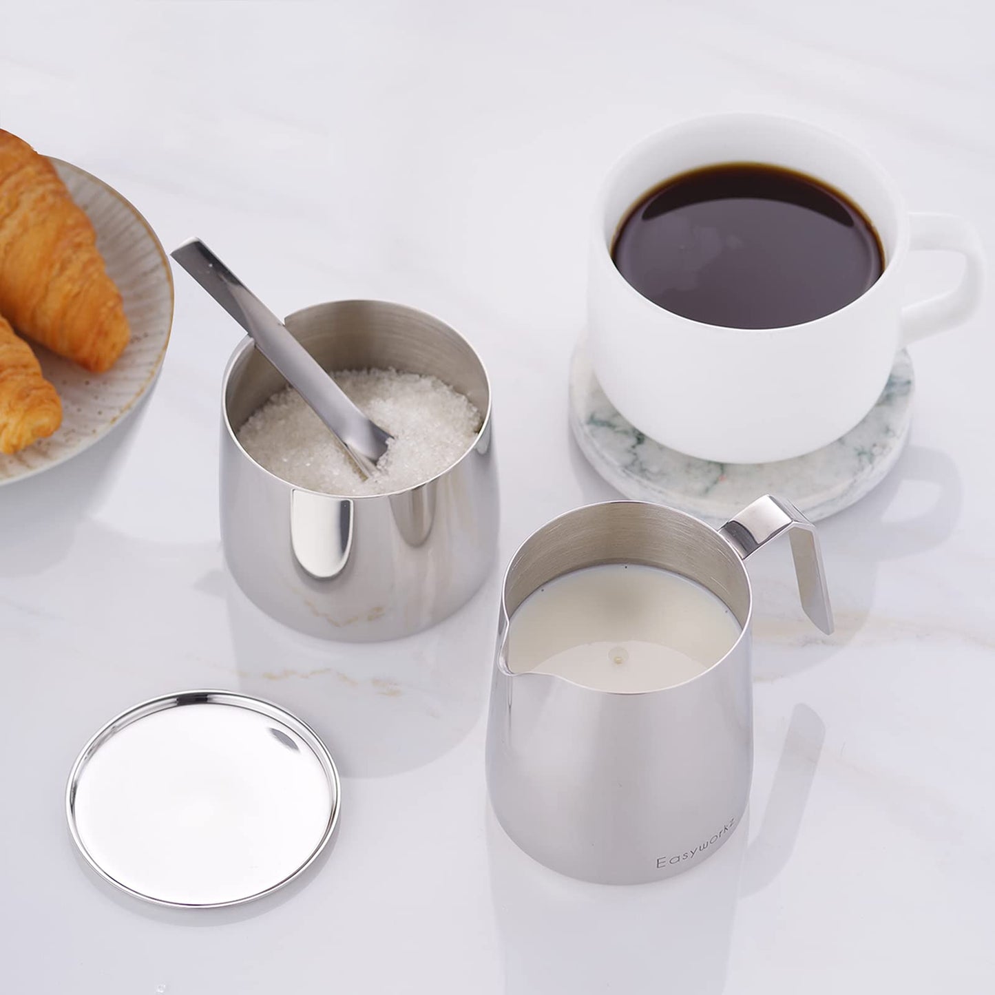 Easyworkz Zuckerdose und Milchkännchen-Set aus Edelstahl, mit Löffel und tropffreiem Ausgießer, stapelbares Design, Chrom