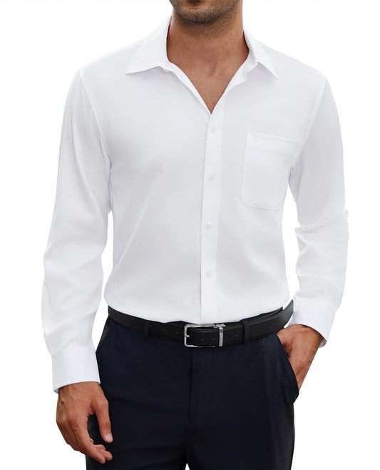siliteelon Herren Hemd Langarm Weißes Bügelfrei Hemden Weiss Matt Stretch Oberhemd für Männer Weiß Regular Fit Anzug Business Herrenhemd für mit Tasche Büro Arbeit Hochzeit