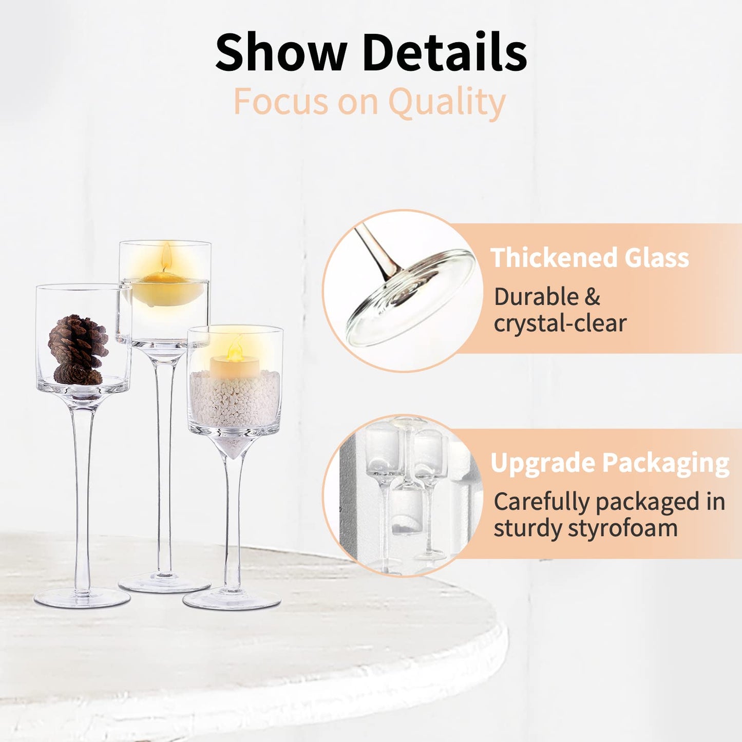 Nuptio Teelichthalter 3 Stück Glas Kerzenhalter für Teelicht & Schwimmkerzen Hohe Elegante Stumpenkerzenhalter für Hochzeit Party Tisch Weihnachten Tafelaufsätze Wohnzimmer Heimdekoration