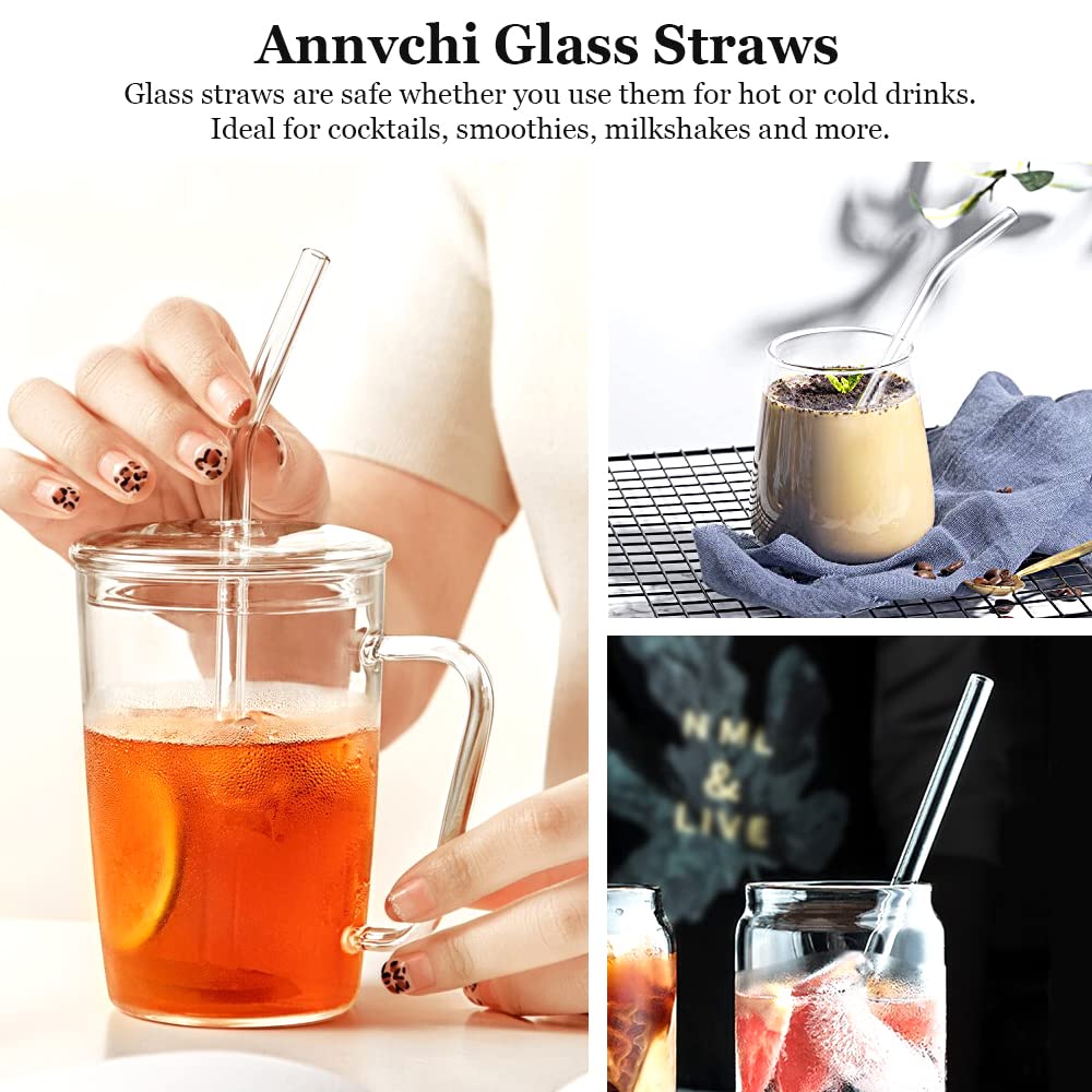 Glasstrohhalme Wiederverwendbar 16 Stück - 6 Gerade Glas Strohhalme und 6 Gebogene Strohhalme Glas 21,5 cm mit 4 Reinigungsbürsten, Geeignet für Bubble Tea, Slush, Cocktail, Säfte