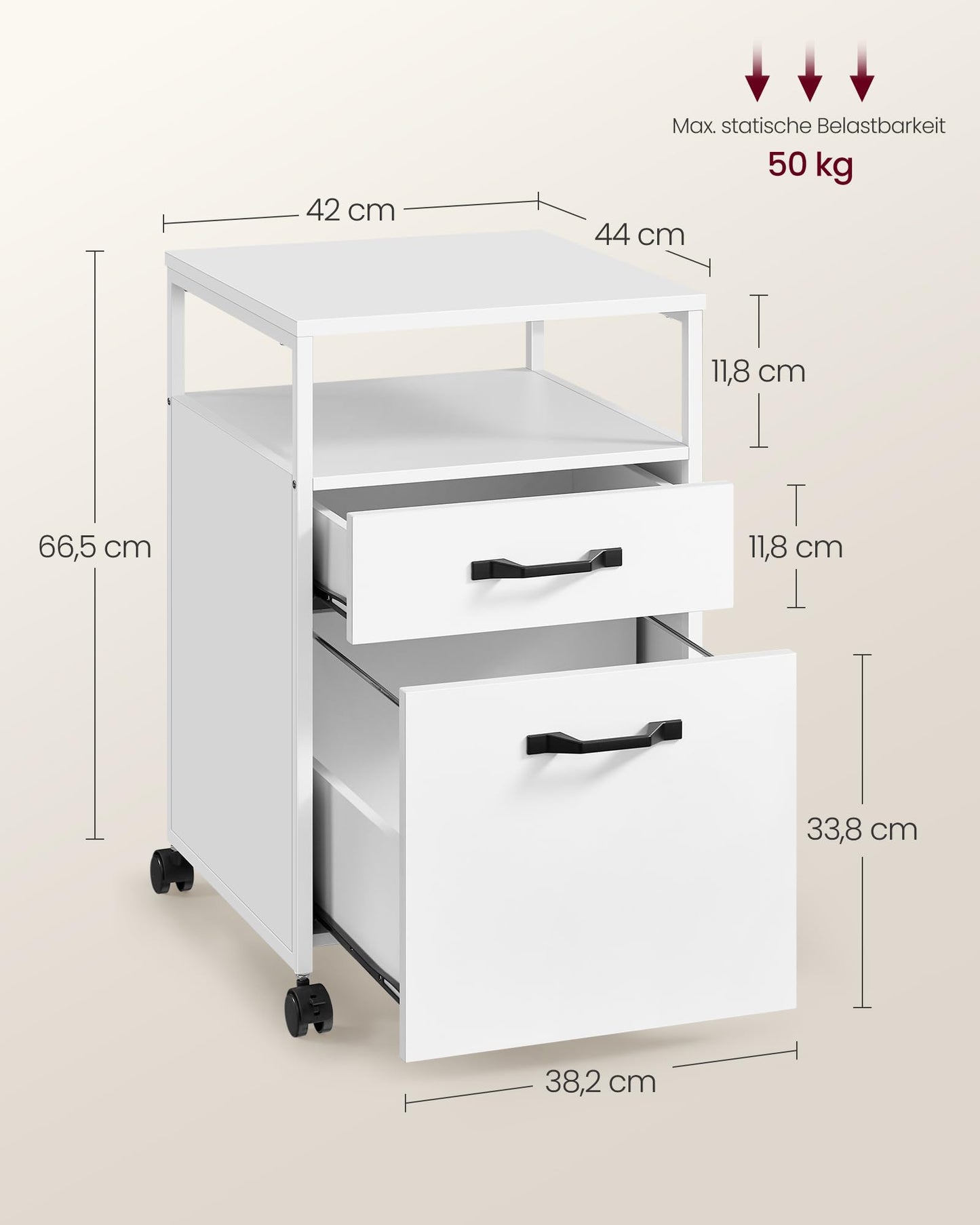 VASAGLE Rollcontainer, Aktenschrank mit 2 Schubladen, mobiler Büroschrank mit Rädern, offenes Fach, Hängeregistratur, Stahlgestell, modern, wolkenweiß OFC071W14