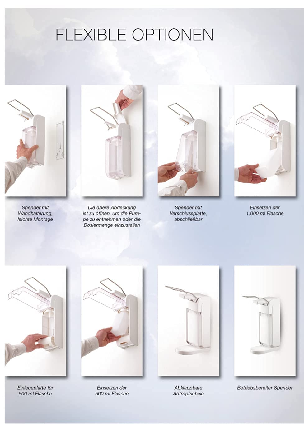 Blanc HYGIENIC - Desinfektionsmittelspender, Silber inkl. Leere 1L-Flasche zum Selbstbefüllen – Haut- & Händedesinfektion für professionelle Betriebshygiene – Dosiermenge variierbar - Made IN Germany
