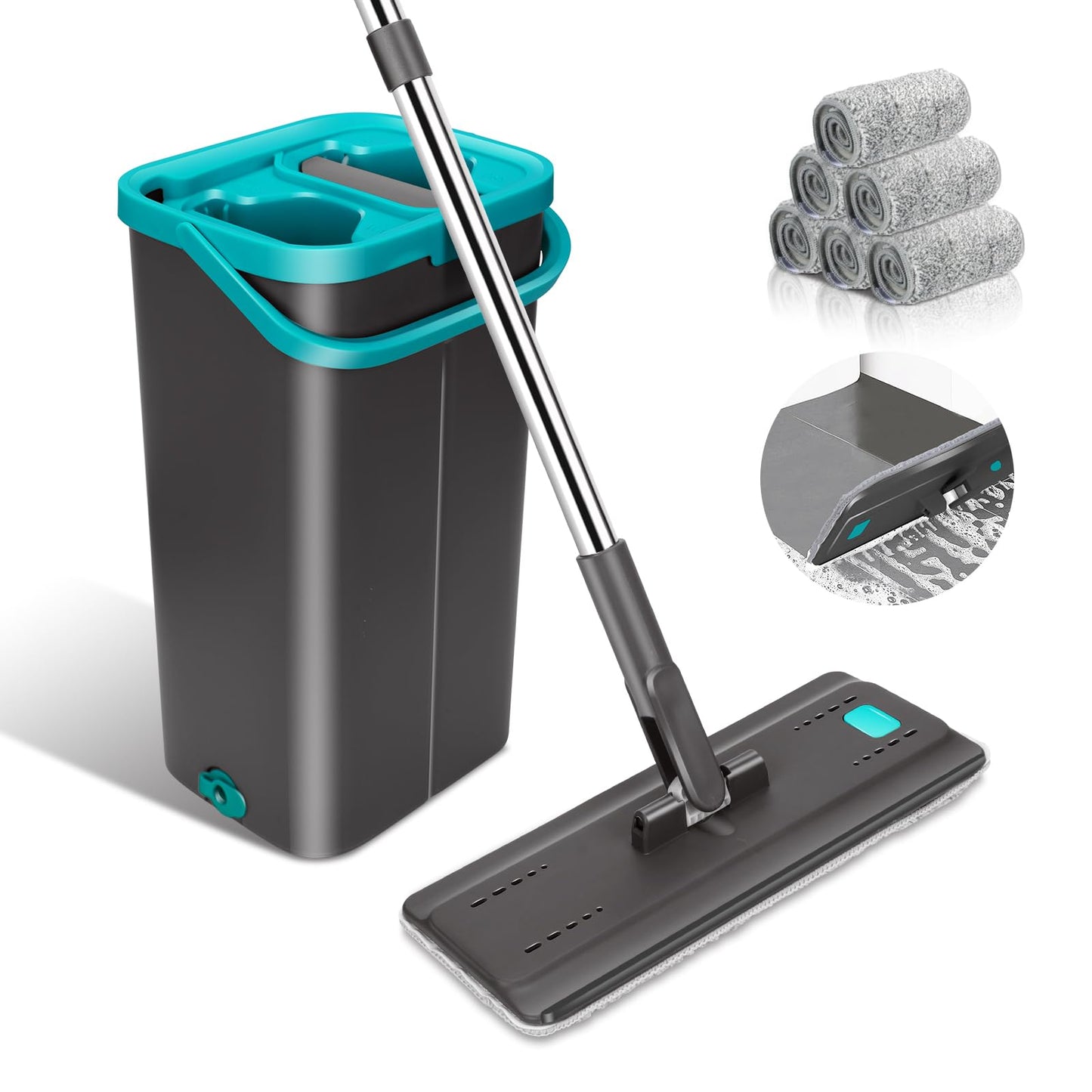 Myiosus Wischmopp Set mit Eimer, Bodenwischer, Flach Wischer Boden mit 140 cm Edelstahlgriff, 2 in 1 Putzeimer mit Wischmop, 360° Drehung, Mikrofaser Wischer mit Auswringfunktion für Alle Böden-6 Pads