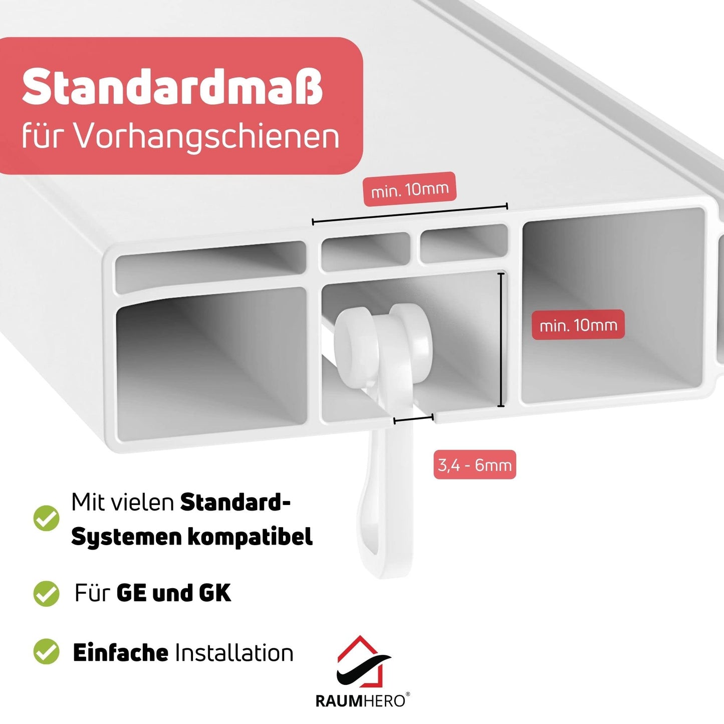 Raumhero® Gardinenröllchen für Schiene (Komplettset 100x Gardinenhaken inkl. 6X Stopper) - 8mm Standardmaß Gardinengleiter - Gardinenhaken für Schienen - 100% Made in Germany