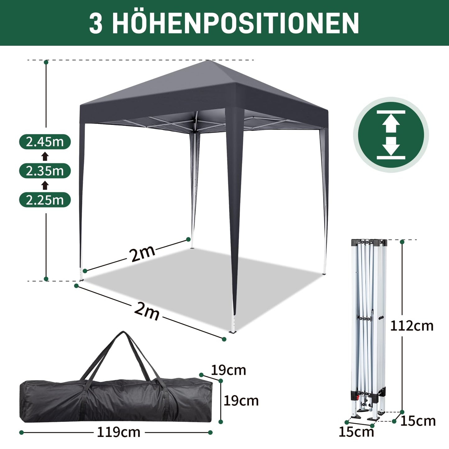 Bonnlo Pop Up Gazebo mit Seiten Einfaches EIN-Personen-Setup Sofortige Outdoor-Vordach Falten Garten Gazebo Partyzelt (2x2m, grau)