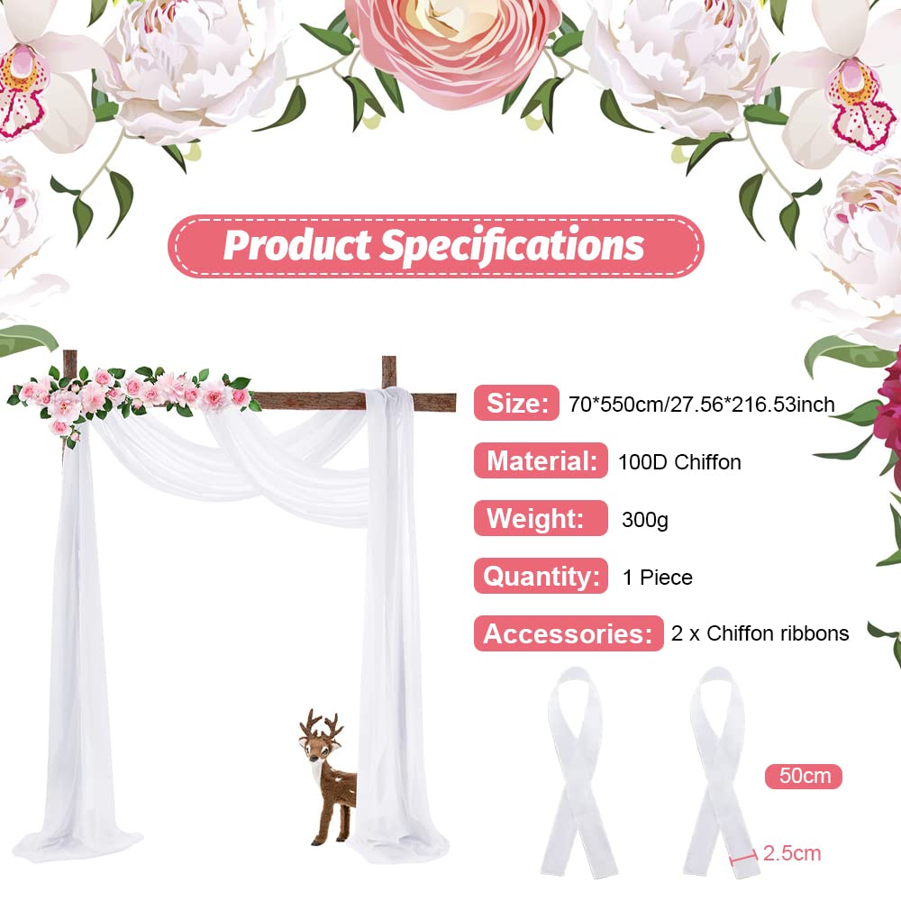 THATSRAD Querbehang Freihanddeko Chiffon Vorhang Hochzeit 70x550 cm Fensterdekoration Transparentem Voile Hochzeitsbogen Weiß Gardinen Tüll für Fotografie Party